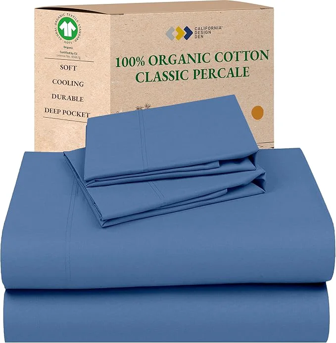 Detailed California Design Den California King Sheets Set – Soft Organic Cotton Crisp and Cool Percale Deep Pocket Organic Sheets with Anti-Skid Elastic Breathable and Durable Bedding – Riviera Blue Responsible