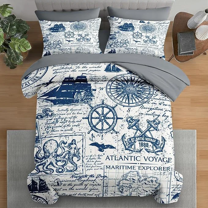 Optimized Comforter Set Full Size Nautical Anchor Sailor Grey 7 Pcs Bedding for Kids and Adults Ocean Vintage Sea Bed Sheet Sets with Fitted Sheet 2 Pillowcases amp 2 Shams for Bedroom Bed Decor Green