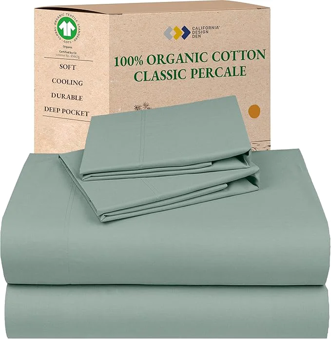 Selected California Design Den King Sheets Deep Pocket Set – Soft Organic Cotton Sheets Crisp and Cool Percale Deep Pockets with Anti-Skid Elastic Breathable and Durable Bedding Set – Sage Green Authentic