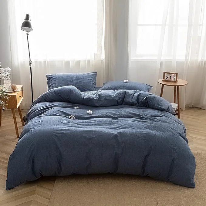 Lightweight FACE TWO FACE Bedding Duvet Cover Set Washed Cotton Duvet Cover Linen Like Textured Breathable Durable Soft Comfy California King Navy Blue Pure