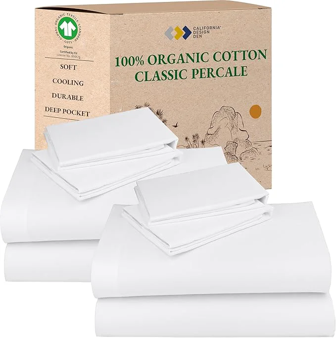Modern California Design Den 2-Pack Full Size Sheet Sets – Organic Cotton Crisp Percale Feel Deep Pocket White Sheets Lightweight Bedding Set – White Contemporary