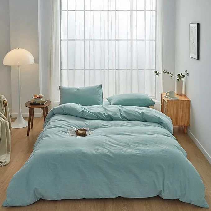 Next-Generation FACE TWO FACE Bedding Duvet Cover Set Washed Cotton Duvet Cover Linen Like Textured Breathable Durable Soft Comfy King Dusty Blue Certified