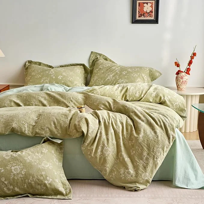 Modern mixinni Washed Cotton Cover Set Reversible Vintage Green Floral Butterfly Jacquard Textured Comforter Cover Boho Farmhouse Bedding Set with Zipper Closure for All Season Queen Size Efficient