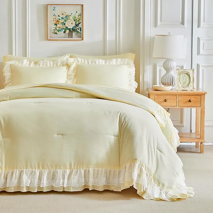 Responsible Joyreap Twin Size Comforter Set Yellow 3pcs Lace Ruffled Bedding Comforter Set Microfiber Vintage Boho Chic Bedding Set for All Season- 68×88 inches Elite
