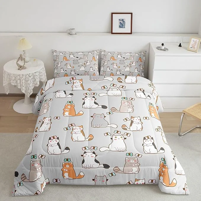 Artisan Cartoon Cat Bedding Set King For Kids Boys Girls Butterfly Decor Comforter Room Decor Kawaii Animal Kitten Duvet Set Cute Pet Theme Down Comforter White Gray Orange Garfield Bedding Comforter Sets Safe