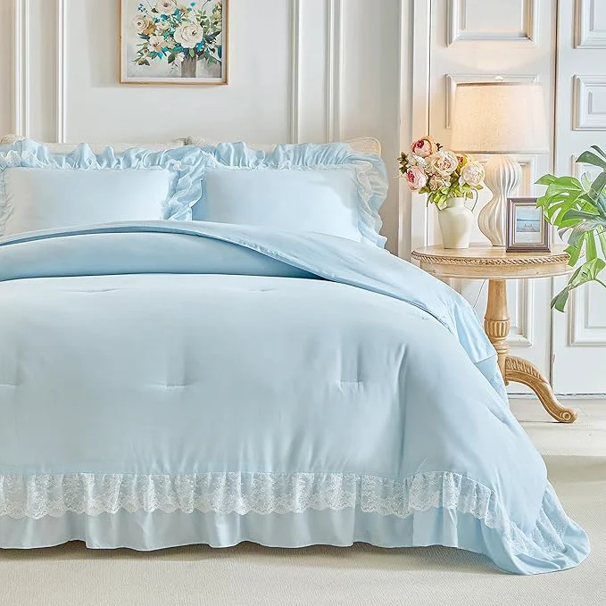 Authentic Joyreap King Size Comforter Set Blue 3pcs Lace Ruffled Bedding Comforter Set Microfiber Vintage Boho Chic Bedding Set for All Season- 100×88 inches Fast