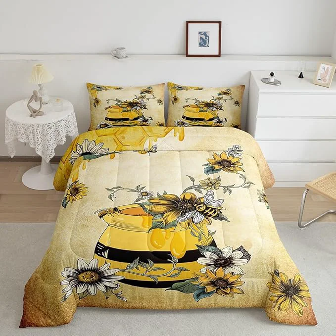 Recyclable Erosebridal Yellow Bee Bedding Set Sweet Honey Can Comforter Set for Teens Adult Women Gerbera Floral Duvet Set 3Pcs with 2 Pillow Cases Vintage Cartoon Microfiber Down Comforter King Size Exceptional