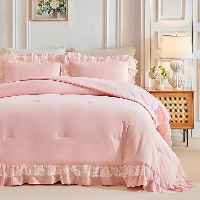 User-Friendly Joyreap Queen Size Comforter Set Blush Pink 3pcs Lace Ruffled Bedding Comforter Set Microfiber Vintage Boho Chic Bedding Set for All Season- 88×88 inches Functional