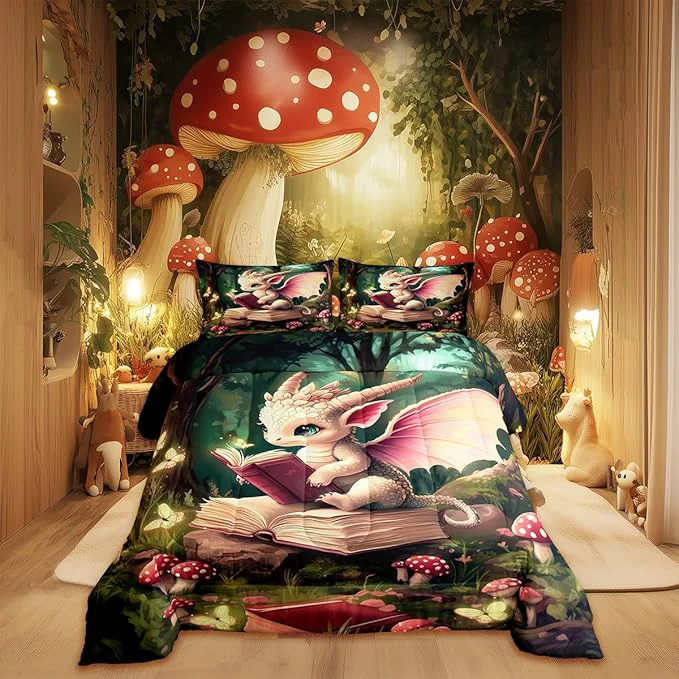 Fashionable al Dragon Wildlife Comforter Set Twin Size Childlike Fairy Tale Bedding Set Kids Bedroom Decor Cute Jungle Mushroom All Season Quilt Set Sparkling Butterfly Bedding Comforter Sets 2Pcs Original