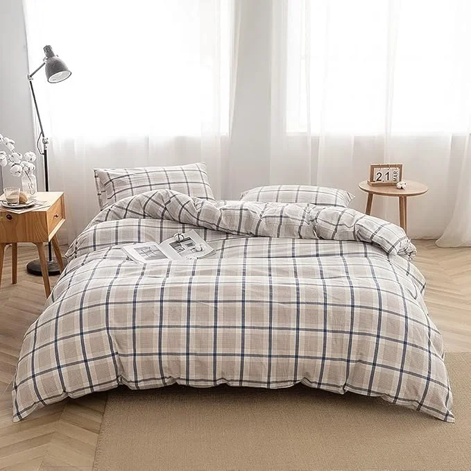 First-Class FACE TWO FACE Bedding Duvet Cover Set Washed Cotton Duvet Cover Linen Like Textured Breathable Durable Soft Comfy Full Blue Grid Powerful