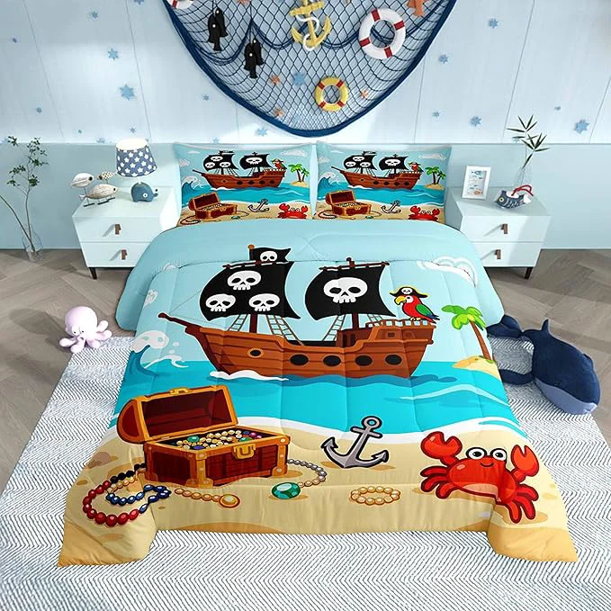 Green Cartoon Pirate Ship Comforter Set Cartoon Parrot Crab Coastal Creature Bedding Sets for Kids Teens Adults Nautical Sailing Ocean Theme Comforter Duvet Set with 1 Pillowcase Twin Size 2 Pcs Authentic