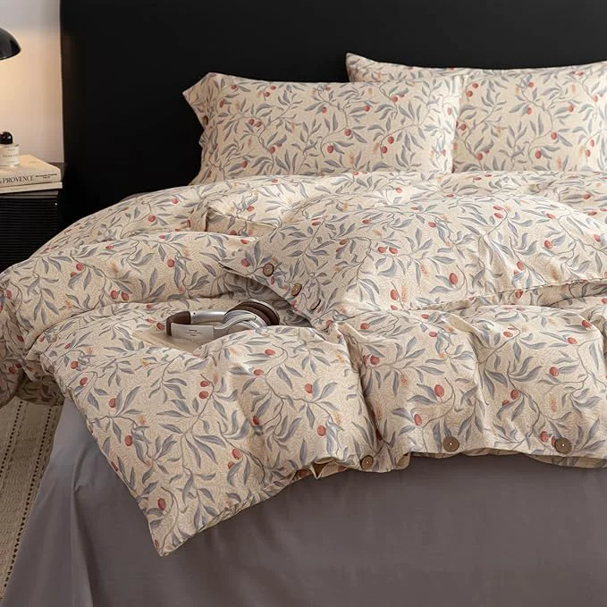 Optimized mixinni Cotton Linen Floral Duvet Cover Set King Size – Vintage Botanical Print Bedding with Wooden Button Closure Soft Breathable Cotton Linen Blend Comforter Cover Rustic Farmhouse Bedding 3pcs Minimalist