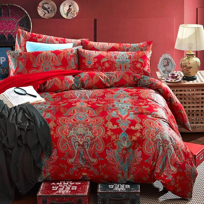 Smart mixinni Long Staple Cotton Percale Paisley Duvet Cover for Queen Size Bed Boho Floral Pattern 3 Pieces Bedding Set with Zipper Ties for Him and Her 1 Duvet Cover and 2 Pillowcases for All Seasons Recyclable