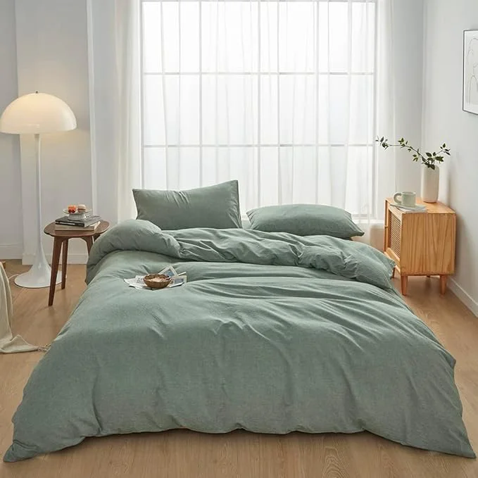 Optimized FACE TWO FACE Bedding Duvet Cover Set Washed Cotton Duvet Cover Linen Like Textured Breathable Durable Soft Comfy Full Reversible Green High-Quality