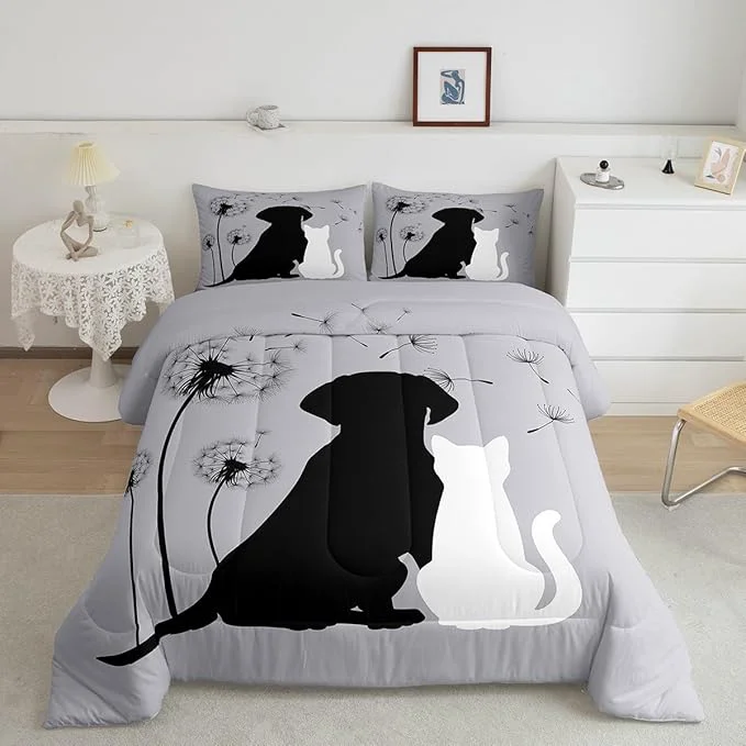 Prestigious Erosebridal Couple Bedding Set King Kawaii Cat Dog Comforter for Boys Girls Teens Adult Cute Pet Aniamls Duvet Insert Lovely Kitten Puppy Quilt Set Dandelion Plants Floral Down Comforter Gray Specialty