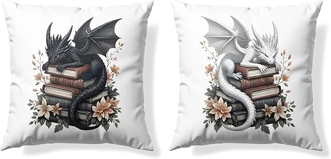 Classic Vintage al Black White Dragon Reading Book Decorative Throw Pillow Covers 18×18 Set of 2 Fantasy Room Decor for Kids Gamers and Bookworms Reading Nook Decor Gifts for Bookworm Readers Versatile