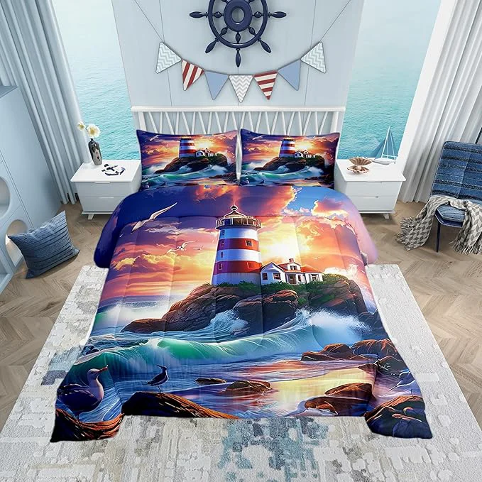 Pure Castle Fairy 3D Lighthouse Comforter Set Full Size Dreamy Sunset Sky Bedding Set Toddler Bedroom Decor Natural Coastal Scenery All Season Quilt Set Ocean Wave Bedding Comforter Sets 3Pcs Certified