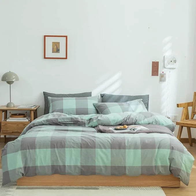 Advanced FACE TWO FACE Bedding Duvet Cover Set Washed Cotton Duvet Cover Linen Like Textured Breathable Durable Soft Comfy California King Light Green Grid Prestigious