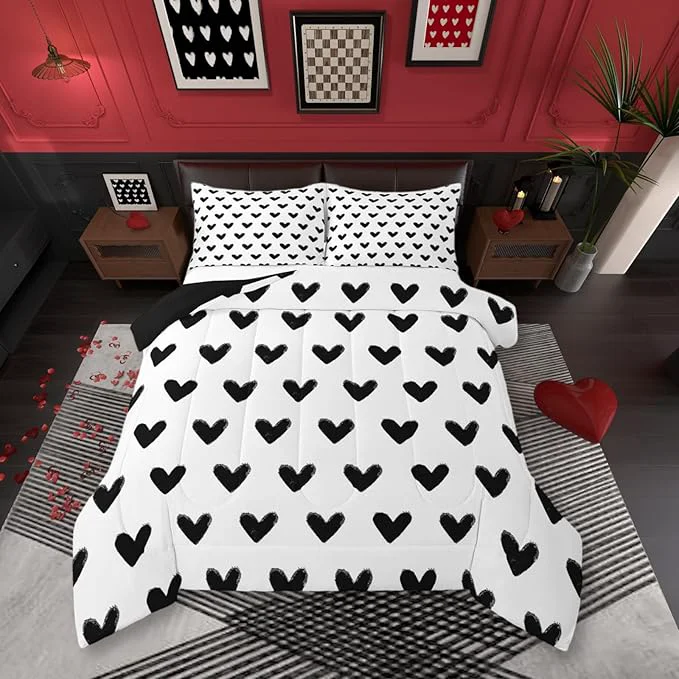 Practical Love Comforter Set King White and Black Heart Pattern Bedding for Women Men Teens Valentine Day Gift Down Comforter Cartoon Love Heart Quilted Duvet Geometric Soft Warm Bedding Sets Bedroom Decor Optimized