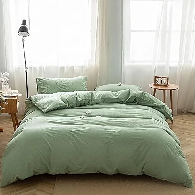 Official FACE TWO FACE Bedding Duvet Cover Set Washed Cotton Duvet Cover Linen Like Textured Breathable Durable Soft Comfy Full Green High-End