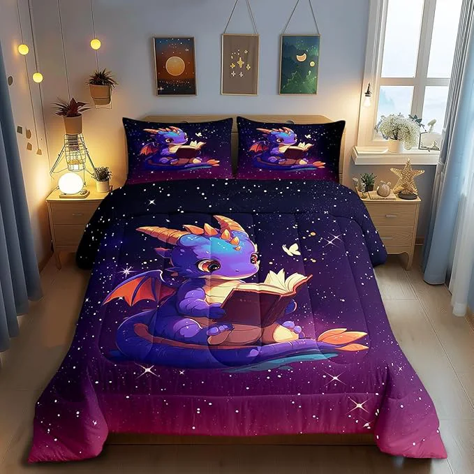 Lightweight Castle Fairy Lovely Dragon Comforter Set Full Size Purple Black Ombre Galaxy Bedding Set Bedroom Decor Cartoon Dragon Book Quilt Set Dreamy Glittering Print Starry Duvet Insert with 2 Pillowcases High-Quality