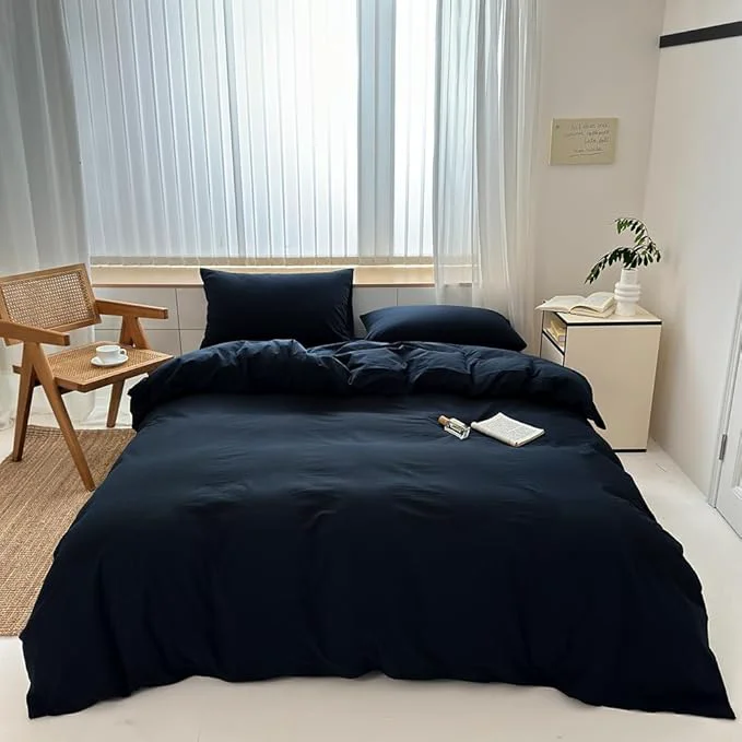 Quality FACE TWO FACE Bedding Duvet Cover Set Washed Cotton Duvet Cover Linen Like Textured Breathable Durable Soft Comfy Queen Tibetan Blue Superior