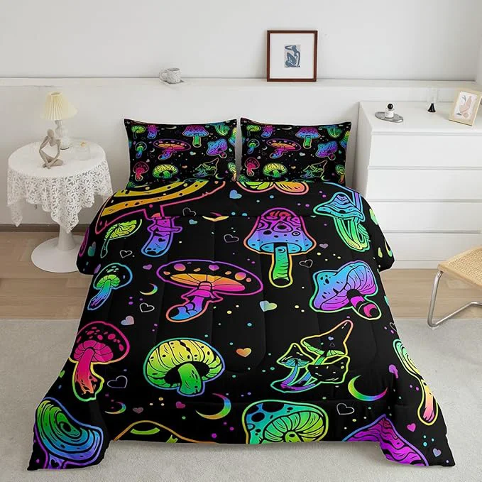 Fine Crafted Erosebridal Trippy Mushroom Bedding Set King Purple Teal Mushrooms Comforter for Kids Girls Teens Women Ombre Gradient Stars Galaxy Down Comforter Colorful Botanical Wild Plants Bedding Comforter Set Innovative
