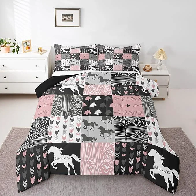 Premium Material Girls Unicorn Comforter King Girly White Horse Bedding Western Cowboy Cowgirls Quilt Patchwork Buffalo Plaid Duvet Insert Arrow Stripes Wild Animal Soft Down Comforter 3Pcs Bedroom Decor Pink Black Enhanced