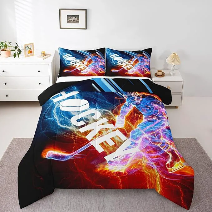 Top-Quality Ice Hockey Comforter Set Full Puck Hockey Player Bedding Sets for Kids Boys Girls Teens Red Blue Lightening Duvet Insert Winter Sports Game Down Comforter Bedroom Decor for All Season 3 Pieces Dependable