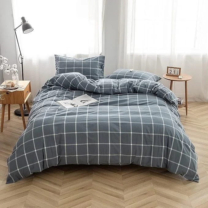 Professional FACE TWO FACE Bedding Duvet Cover Set Washed Cotton Duvet Cover Linen Like Textured Breathable Durable Soft Comfy Queen Grey Green Grid Refined