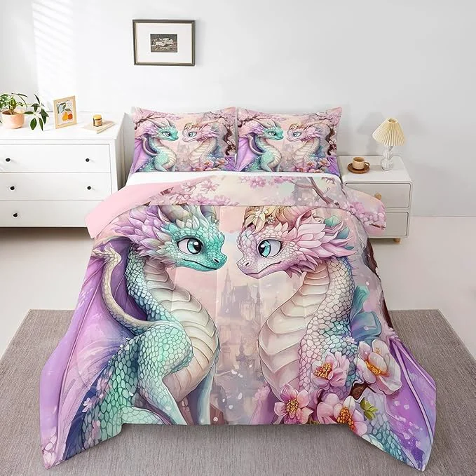 Fine Crafted Western Dragon Couple Comforter Set Twin Size for Kids Japanese Cherry Blossom Bedding Sets All Season Pastel Girly Pink Castle Quilt Set Bedroom Decor Dreamy Fairy Tale Down Comforter 2Pcs Excellent