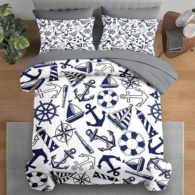 Stylish Comforter Set Full Size Nautical Anchors Navy Blue 7 Pcs Bedding for Kids and Adults Retro Sailor Lighthouse Bed Sheet Sets with Fitted Sheet 2 Pillowcase amp 2 Sham for Bedroom Bed Decor First-Class