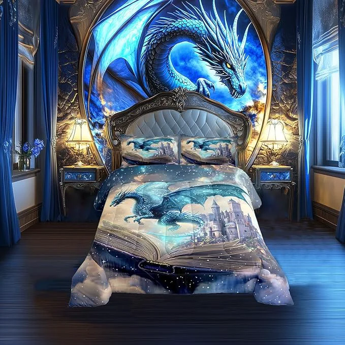 Lightweight 3D Dragon Bedding Set Toddler Size Funny Fantasy Book Pattern Comforter Set for Kids Teens Room Decor Mid-Century Castle Duvet Insert Western Wild Animal Down Comforter Set 2Pcs Minimalist