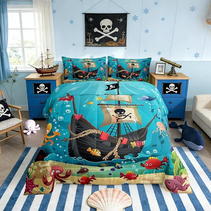 Expertly Made Castle Fairy Cartoon Pirate Ship Comforter Set Queen Size for Kids Marine Adventure Bedding Sets All Season Underwater Fish Quilt Set Bedroom Decor Cute Octopus Jellyfish Down Comforter 3Pcs Reusable