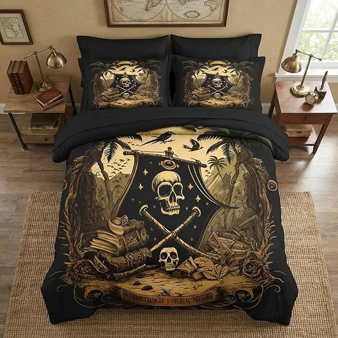 Premium Material Comforter Set Queen Size Pirate Skeleton 7 Pcs Bedding for Kids and Adults Halloween Vintage Gothic Bed Sheet Sets with Fitted Sheet 2 Pillowcase amp 2 Sham for Bedroom Bed Decor Exceptional