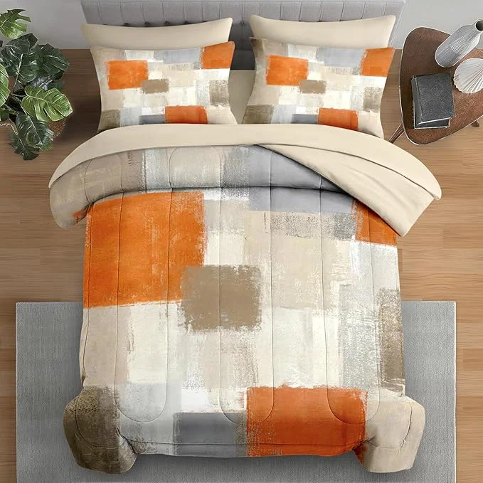 Durable Comforter Set King Size Beige Grey Abstract Painting 7 Pcs Bedding for Kids and Adults Orange Gray Contemporary Bed Sheet Sets with Fitted Sheet 2 Pillowcase amp 2 Sham for Bedroom Bed Decor Prestigious