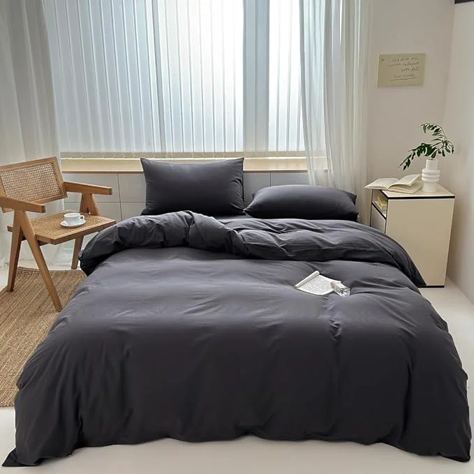 Refined FACE TWO FACE Bedding Duvet Cover Set Washed Cotton Duvet Cover Linen Like Textured Breathable Durable Soft Comfy Full Volcanic Black Official