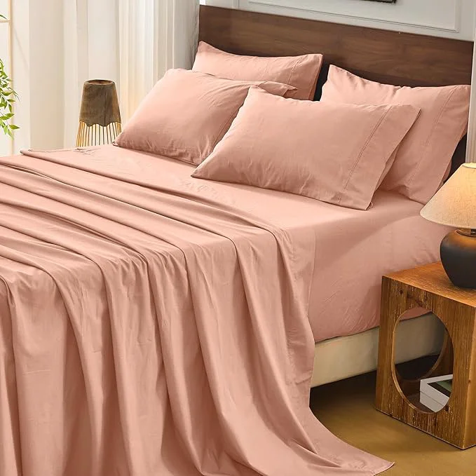 Prestigious Bedlifes French Flax Linen Sheets Set King Size – 6 Piece Extra Deep Pocket 18-24 quot Soft Breathable King Bed Sheets with Temperature Regulating amp Moisture-Wicking Blush Pink Eco-Friendly