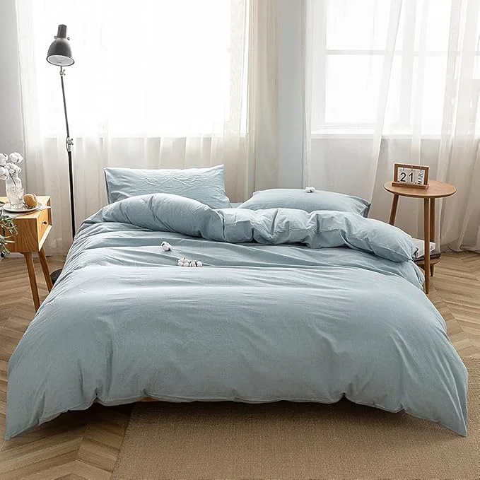 Dependable FACE TWO FACE Bedding Duvet Cover Set Washed Cotton Duvet Cover Linen Like Textured Breathable Durable Soft Comfy California King Light Blue Functional