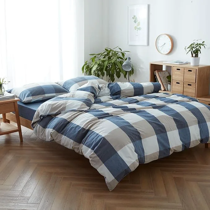High-Quality FACE TWO FACE Bedding Duvet Cover Set Washed Cotton Duvet Cover Linen Like Textured Breathable Durable Soft Comfy California King Blue and White Grid