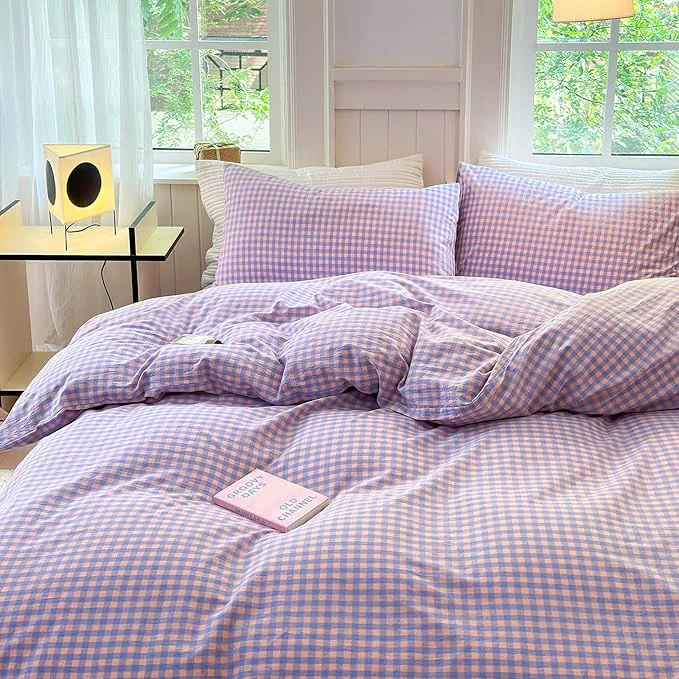 Functional LifeTB Purple Plaid Bedding Set Full Washed Cotton Purple Grid Duvet Cover with 2 Pillowcases Gingham Duvet Cover 3 Pieces Plaid Comforter Cover Breathable Grid Bedding Collection Sustainable