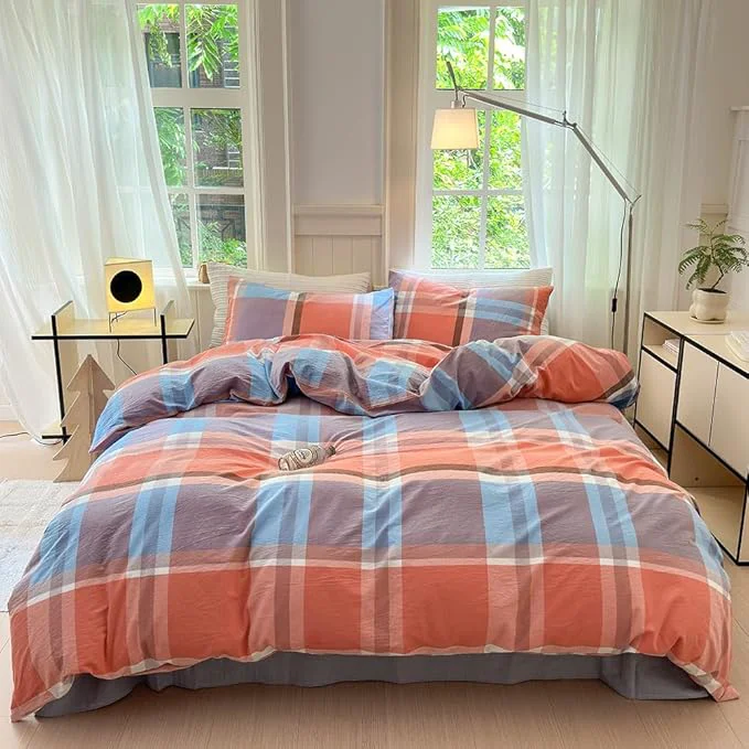 Secure FACE TWO FACE Bedding Duvet Cover Set Washed Cotton Duvet Cover Linen Like Textured Breathable Durable Soft Comfy California King Time Blue Detailed