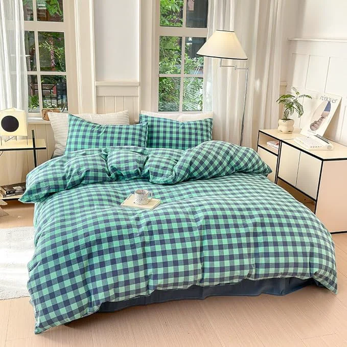 Recyclable FACE TWO FACE Bedding Duvet Cover Set Washed Cotton Duvet Cover Linen Like Textured Breathable Durable Soft Comfy Twin Blue Green Grid Minimalist
