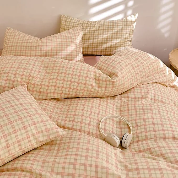 Refined Vintage Pink Plaid Duvet Cover Set King Soft Cotton Muslin Gauze Duvet Cover Pink Green Plaid Checkered Grid Bedding Set Linen Like Gauze Breathable Gingham Comforter Cover with Zipper Closure Elegant