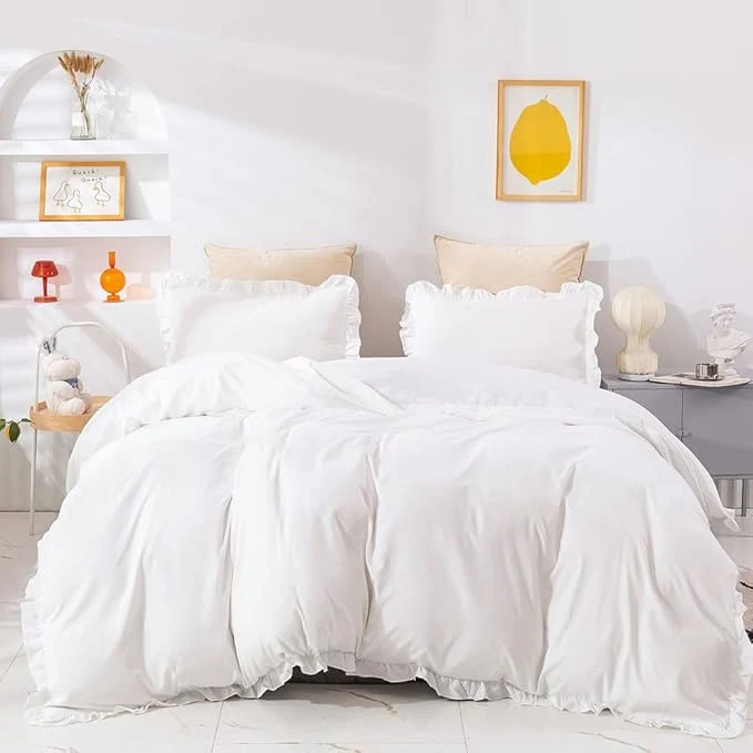 Verified CLOTHKNOW White Ruffle Queen Comforter Set Farmhouse Bedding Comforter Sets Shabby Chic Comforter Soft Comforter with 2 x Pillow Cases Natural