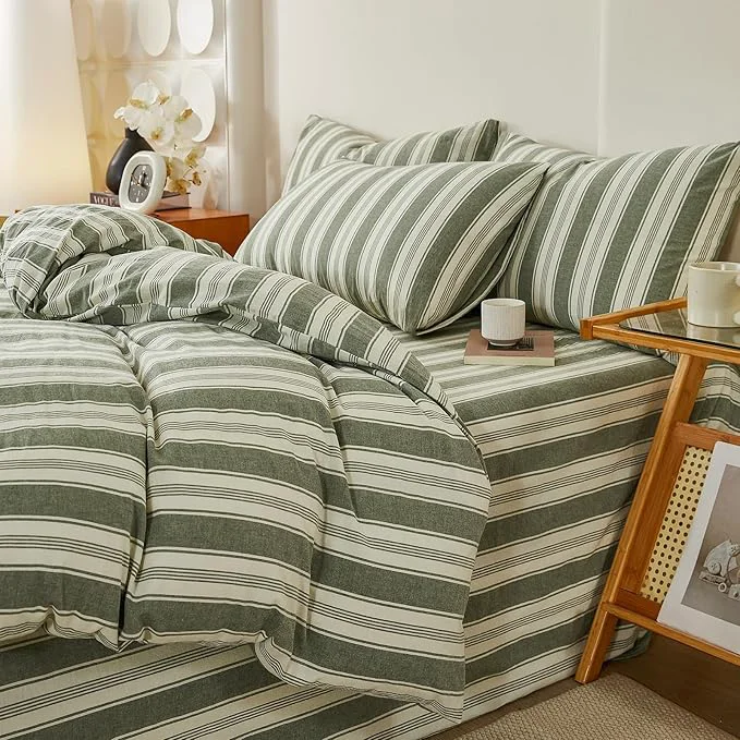 Comfortable Washed Cotton Striped Duvet Cover Set Twin XL Vintage Green White Stripes Pattern Printed Comforter Cover Soft Breathable Duvet Cover with 2 Pillowcases Farmhouse Striped Bedding Set Twin XL Traditional