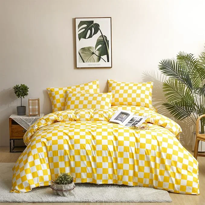 Healthy CLOTHKNOW Light Yellow Grid Queen Comforter Set Plaid Bedding Sets Checker Queen Comforter Light Yellow Queen Size Comforter Sets High-Grade