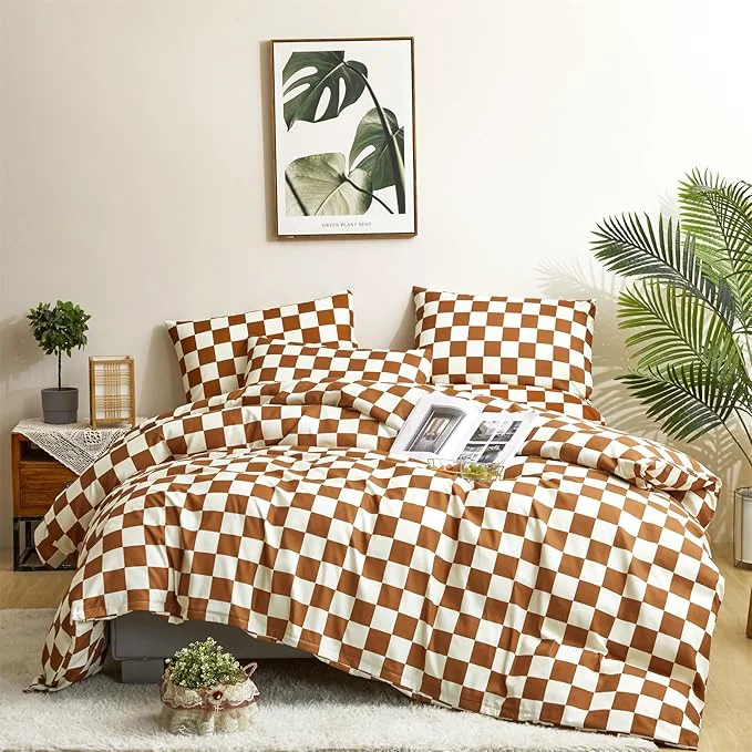 Carefully Designed CLOTHKNOW Brown Plaid Queen Comforter Set Grid Bedding Comforter Sets Soft Caramel Queen Comforter Checker with 2 x Pillow Cases Eco-Friendly