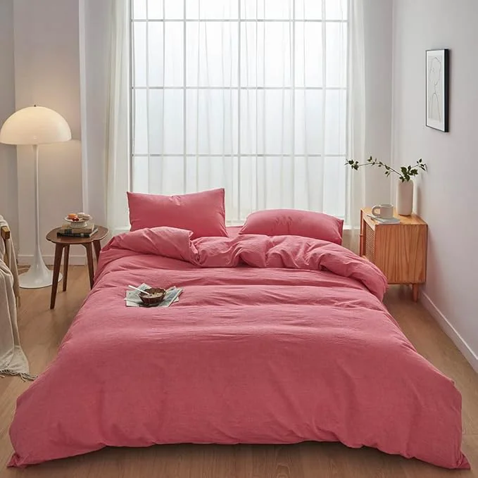 Reusable FACE TWO FACE Bedding Duvet Cover Set Washed Cotton Duvet Cover Linen Like Textured Breathable Durable Soft Comfy King Red Efficient