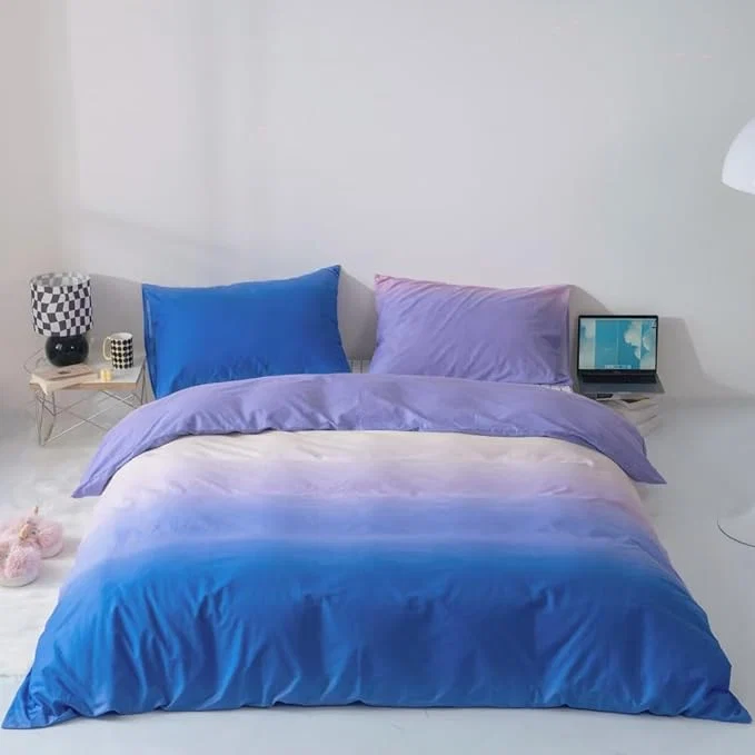 Smart CLOTHKNOW Blue Purple Full Size Comforter Set Blue Gradient Bedding Comforter Sets Soft Blue White Comforter with 2 x Pillow Cases Stylish